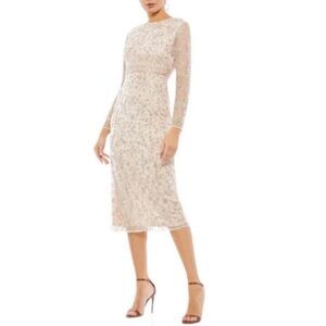 Mac Duggal 10812 Beaded Tea-Length Dress Sheer Sleeves Porcelain Size 6 NWT